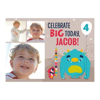 Same Day Cards: A personalized fourth birthday card with a photo collage and a cute monster graphic.
