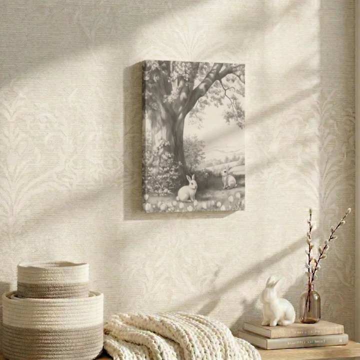 11x14 Premium Canvas with bunnies in nature design by Walmart designer Erin Vogelpohl, in a cozy house.