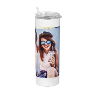 Tumbler With Straw: A skinny white tumbler with a straw, personalized with a wrap-around photo of a woman.