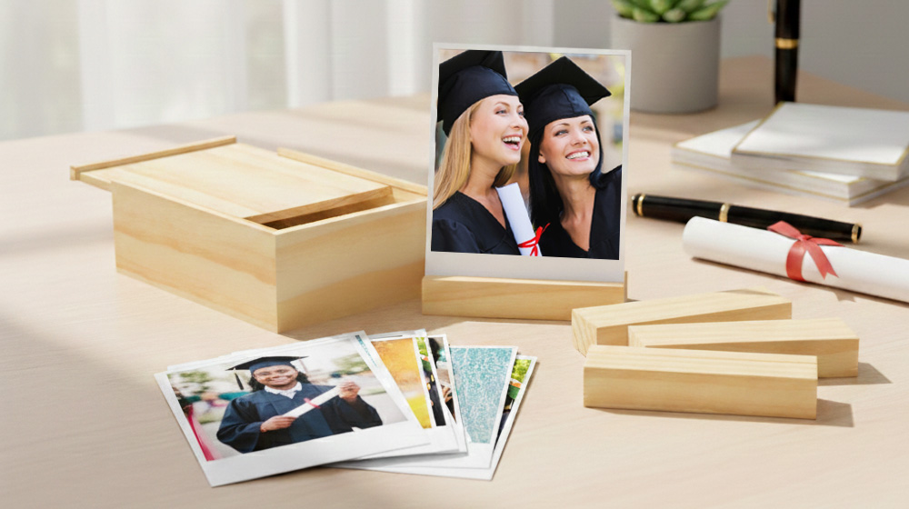 Personalized retro photo prints for 2026 graduates featuring vintage-style borders and custom captions for desk decor.