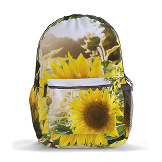 Personalized Backpack: A backpack personalized with a full wrap-around photo of a sunflower field.