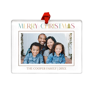 Personalized Photo Ornaments: A rectangular customized holiday gift featuring a family picture and name.