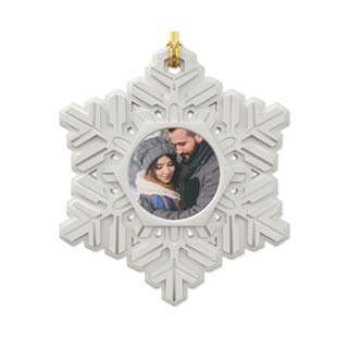 Resin Snowflake Ornament: A white snowflake-shaped ornament with a circular photo of a couple in the center.