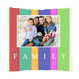 16x16 Throw Pillows: A square photo pillow with a colorful striped design and the word Family.