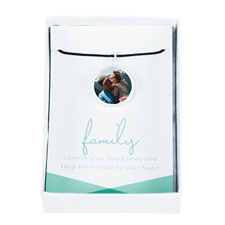 Corded Necklace With Card and Gift Box: A photo pendant necklace in a gift box with a card that says family.