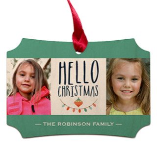 Maple Ornament Modern Corner: A wooden ornament with two photos of a young girl and a Hello Christmas greeting.
