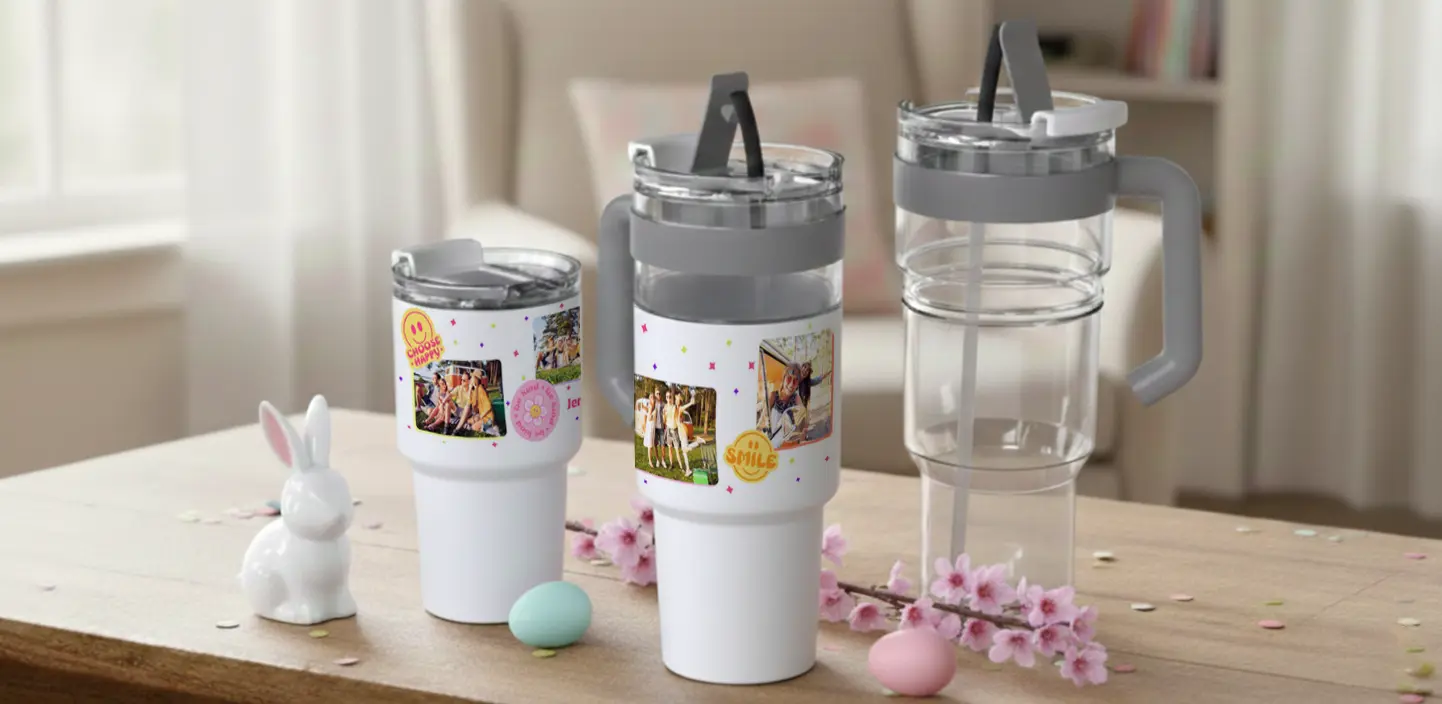 Personalized white travel mugs and tumblers with custom photo collages