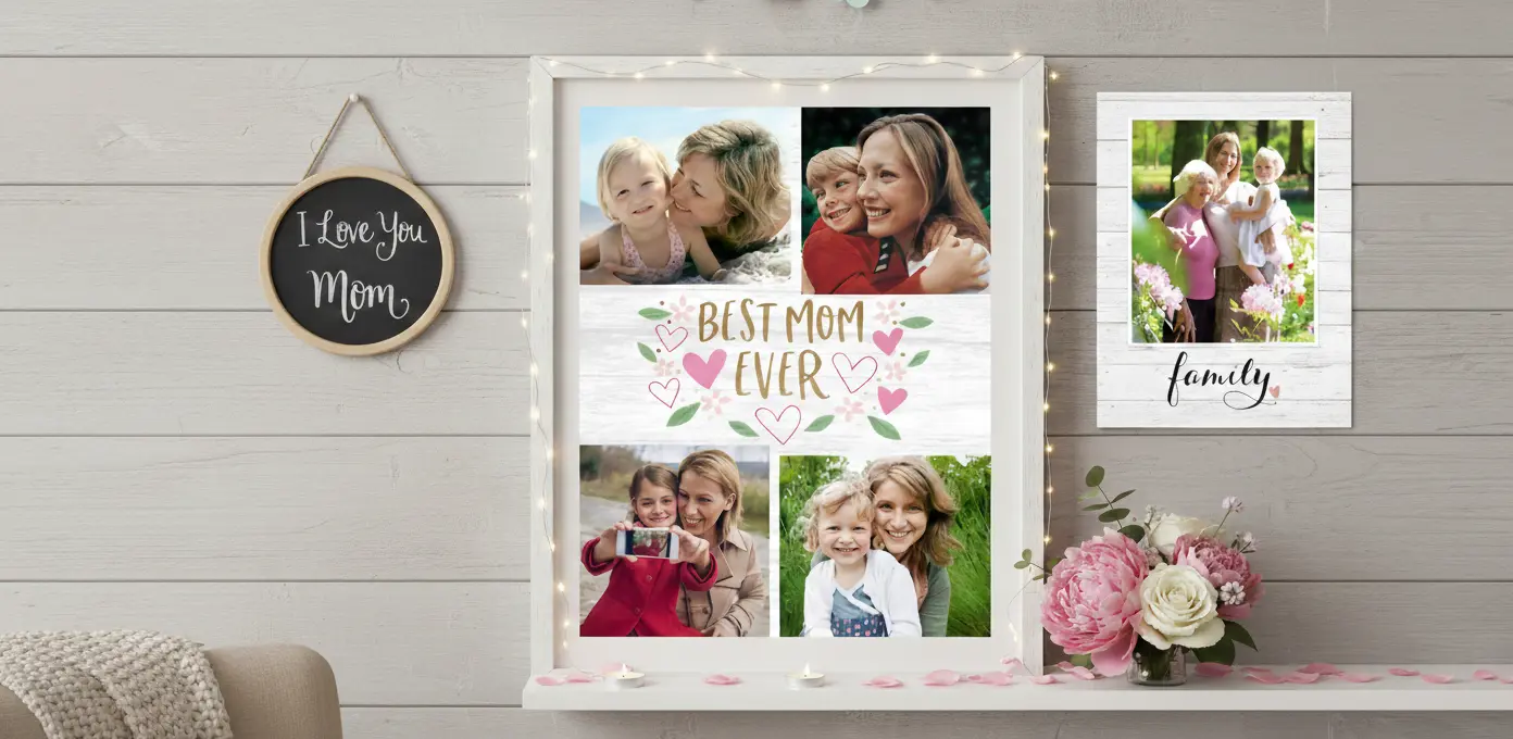 Posters: A framed poster and an acrylic print for Mother's Day, hanging on a wall.