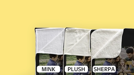 Close-up texture comparison of fleece, mink, plush, and sherpa photo blankets.