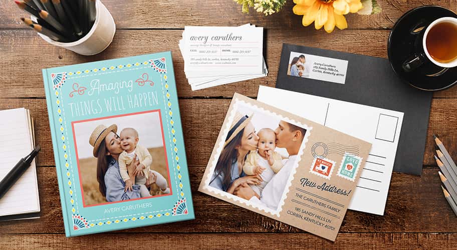 personalized stationery: A collection of personalized stationery including a photo journal, business cards, and a new address postcard.