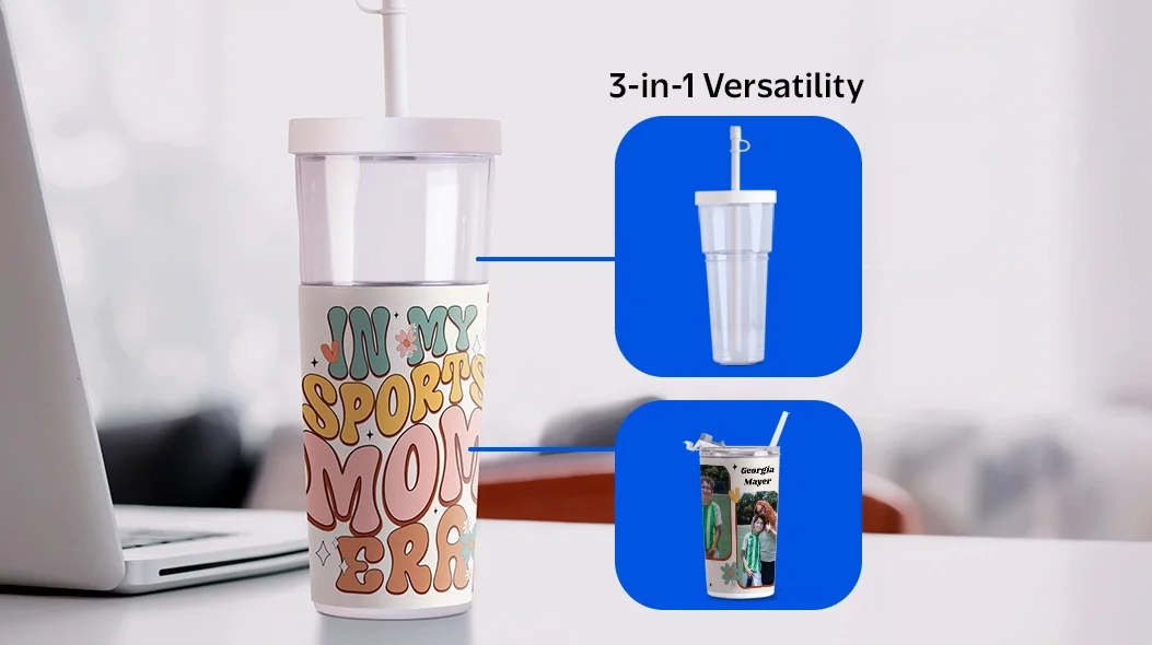 Made For Mom: A 28oz convertible tumbler featuring the text In My Sports Mom Era, with graphics explaining the 3-in-1 versatility and custom photo options.