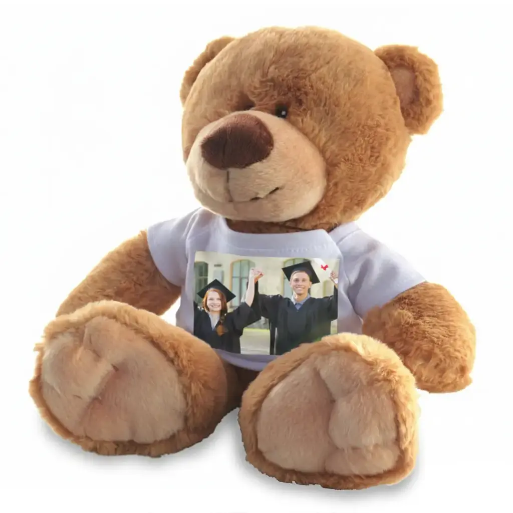 Personalized graduation teddy bear wearing a custom photo t-shirt for a sentimental 2026 gift for graduates of all ages.