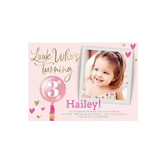Birthday Party Invitations: A third birthday party invitation with a photo of a toddler and a large number 3 balloon.