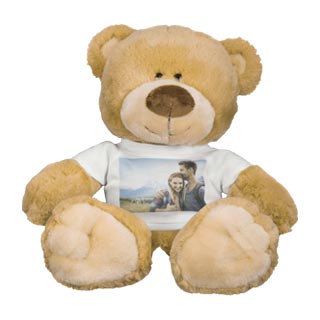 Teddy Bears: A brown teddy bear wearing a miniature t-shirt personalized with a photo of a couple.