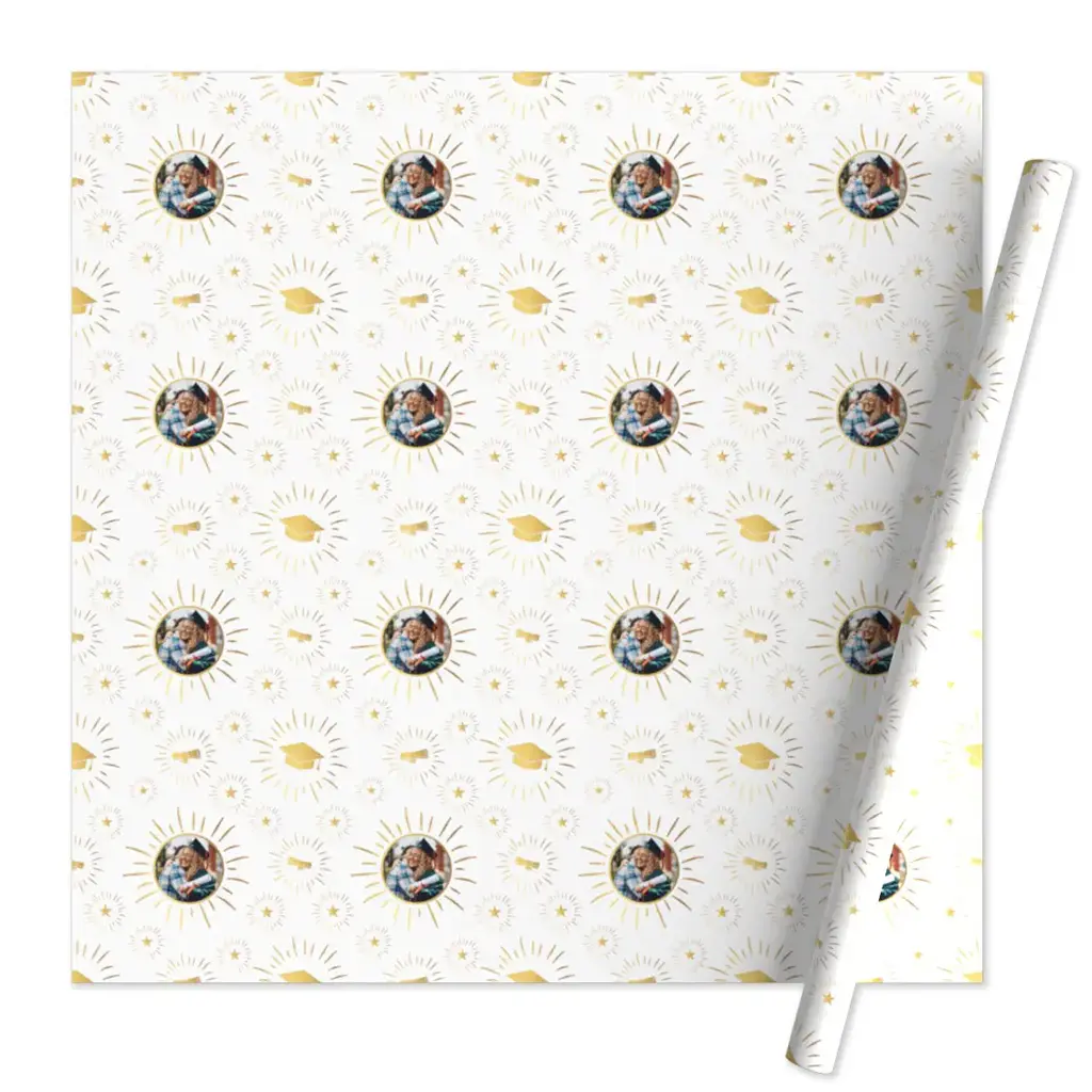 Personalized graduation wrapping paper with custom photo patterns to add a special touch to 2026 grad gifts.