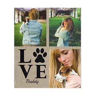 Blankets: A square pet-themed photo blanket with a three-photo collage and the name Buddy.