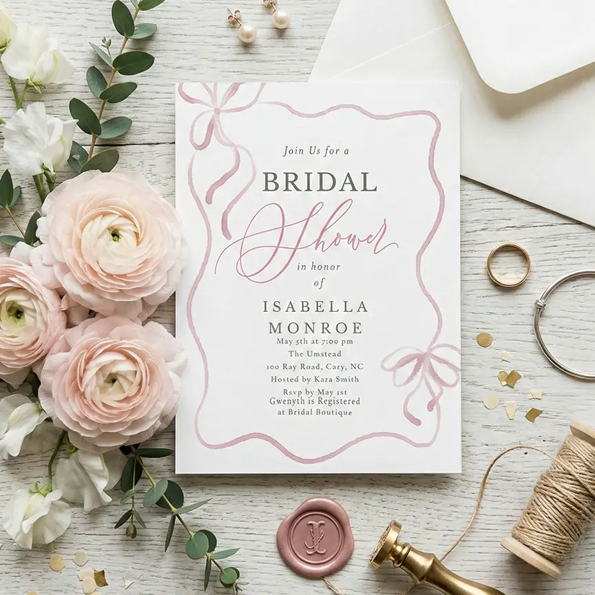 Custom bridal shower invitation printing with modern floral designs