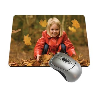 Mouse pads: A rectangular mouse pad with a full-bleed photo of a girl playing in autumn leaves.