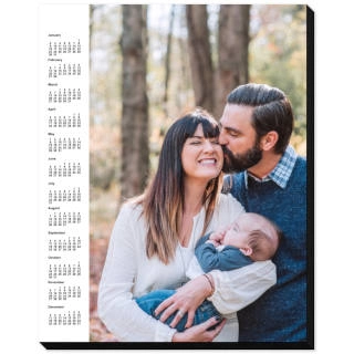 Mounted Print Calendars: A single-page mounted poster calendar with a large vertical family photo and a year-at-a-glance calendar.