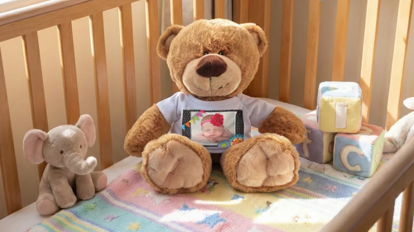 Teddy bear: A large brown teddy bear wearing a white t-shirt with a photo of a sleeping baby, sitting in a wooden crib with a plush elephant, soft alphabet blocks, and a colorful patterned blanket.