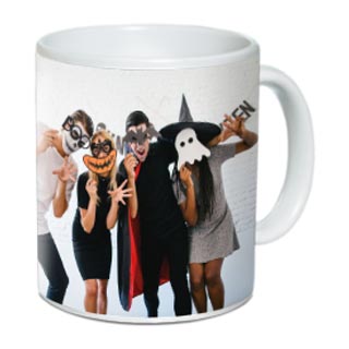 11oz Mugs: A white mug personalized with a wrap-around photo of friends in Halloween costumes.