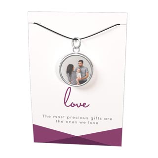 Corded Necklace With Card and Gift Box: A photo pendant necklace in a gift box with a card that says love.