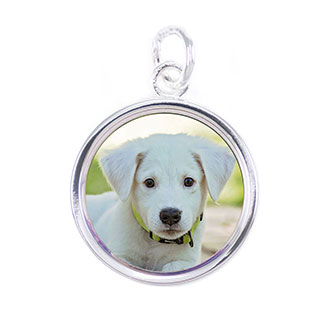 Round Necklace Pendant: A round silver necklace pendant with a photo of a puppy.