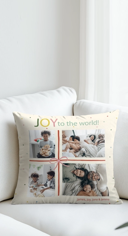 Custom photo pillow with collage design, perfect for matching personalized blankets.