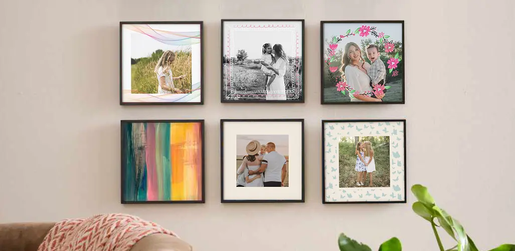 A gallery wall of six square magnetic Tilepix frames with family portraits