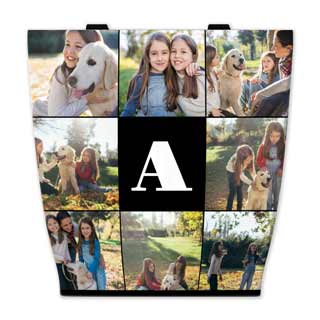 18x18 Tote Bags: A square tote bag with an eight-photo collage of a girl and her dog, and a central monogram.