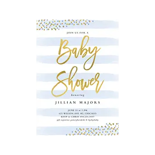 Baby shower Invitations: A baby shower invitation with blue watercolor stripes and gold foil text.