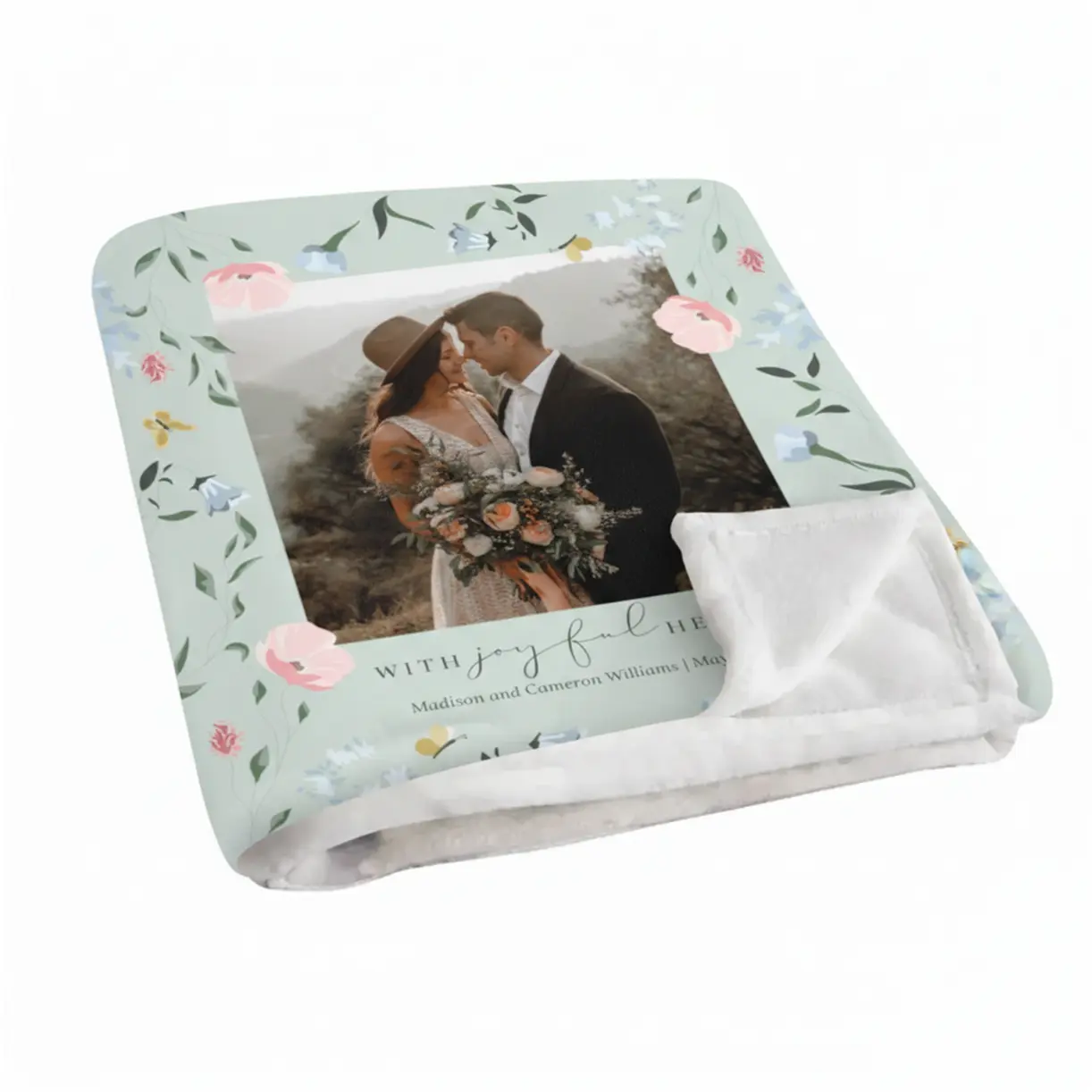 Personalized wedding photo blankets in plush and sherpa fabrics
