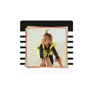 Magnets: A square photo magnet with a striped border and a photo of a child in a bee costume.