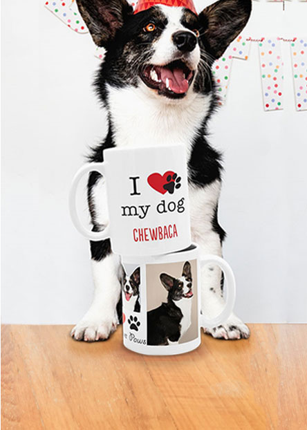 Mugs: Two personalized mugs for a dog owner, one with text and one with a photo collage.
