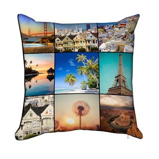 Pillows: A square photo pillow with a nine-photo collage of scenic travel destinations.