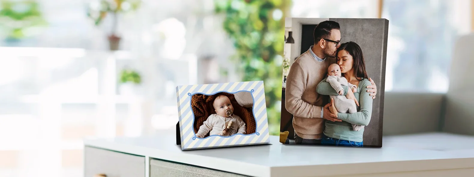 Personalized Photo Canvas Prints: Two customized items featuring family memories displayed on a white surface.