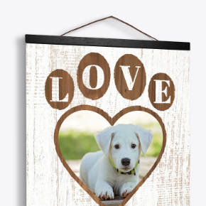 Rustic hanging canvas wall art prints featuring a puppy photo inside a heart design.