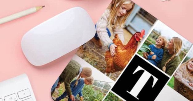 Tech Accessories: A personalized mouse pad with a family photo collage and a large initial monogram.