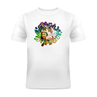 T-Shirt: A white t-shirt with a family photo inside a colorful paint-splatter graphic.
