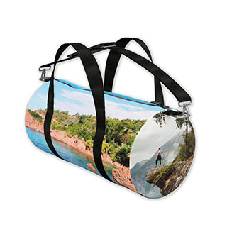 Duffel Bags: A cylindrical duffel bag personalized with wrap-around photos of travel landscapes.