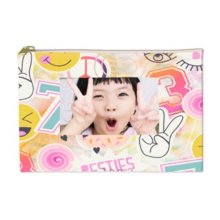 Accessory Pouch: A personalized accessory pouch with a colorful sticker design and a central photo of a girl.
