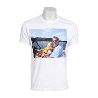Tshirts: A white t-shirt personalized with a photo of a father and child on a boat.