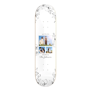 Custom Photo Skateboard: A personalized skateboard deck featuring a floral design and wedding photo collage