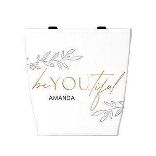 Custom Tote Bag: A white personalized canvas bag featuring custom text in a gold script.