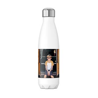 Water Bottles: A white stainless steel water bottle personalized with a photo of a boy.