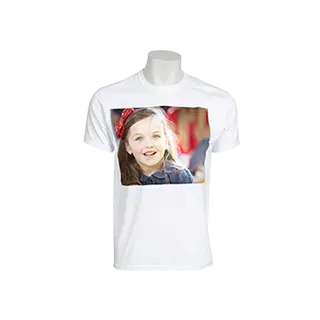 T-Shirts: A white t-shirt personalized with a photo of a young girl.