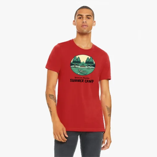 Unisex Jersey Tee - Red, Size M: A model wearing a red t-shirt with a circular graphic for a summer camp.
