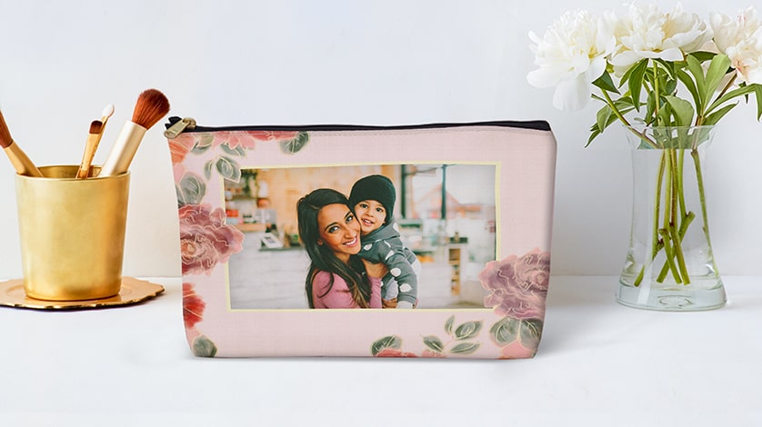 Accessory Pouches: A personalized accessory pouch with a floral design and a photo of a mother and child.