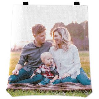 Woven Tapestry Totes: A woven tapestry tote bag with a full-bleed photo of a family having a picnic.