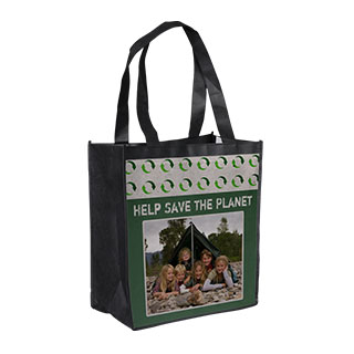 Reusable Grocery Tote: A reusable grocery tote with an environmental theme and a personalized family camping photo.